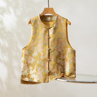 麒麟牡丹～真丝桑蚕丝宋锦对襟马甲圆领新中式国风女背心外穿上衣