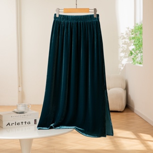 赫本风真丝丝绒开叉半身裙女秋冬款松紧高腰直筒裙一步裙中长款