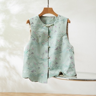 三马家百蝶文锦～真丝桑蚕丝宋锦对襟马甲圆领国风女背心外穿上衣