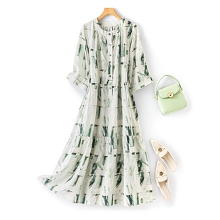 桑蚕丝真丝干丝中袖连衣裙宽松大摆长裙清新印花