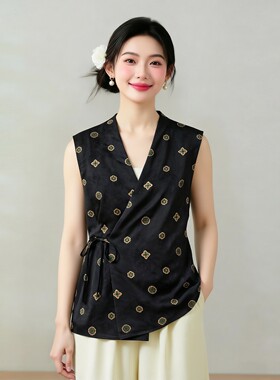 真丝香云纱花萝小道袍长版交领外套新中式系带上衣无袖开衫女夏