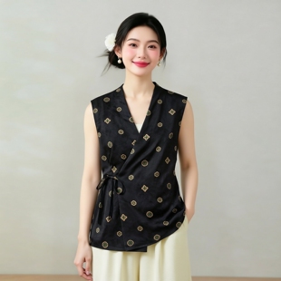 真丝香云纱花萝小道袍长版交领外套新中式系带上衣无袖开衫女夏