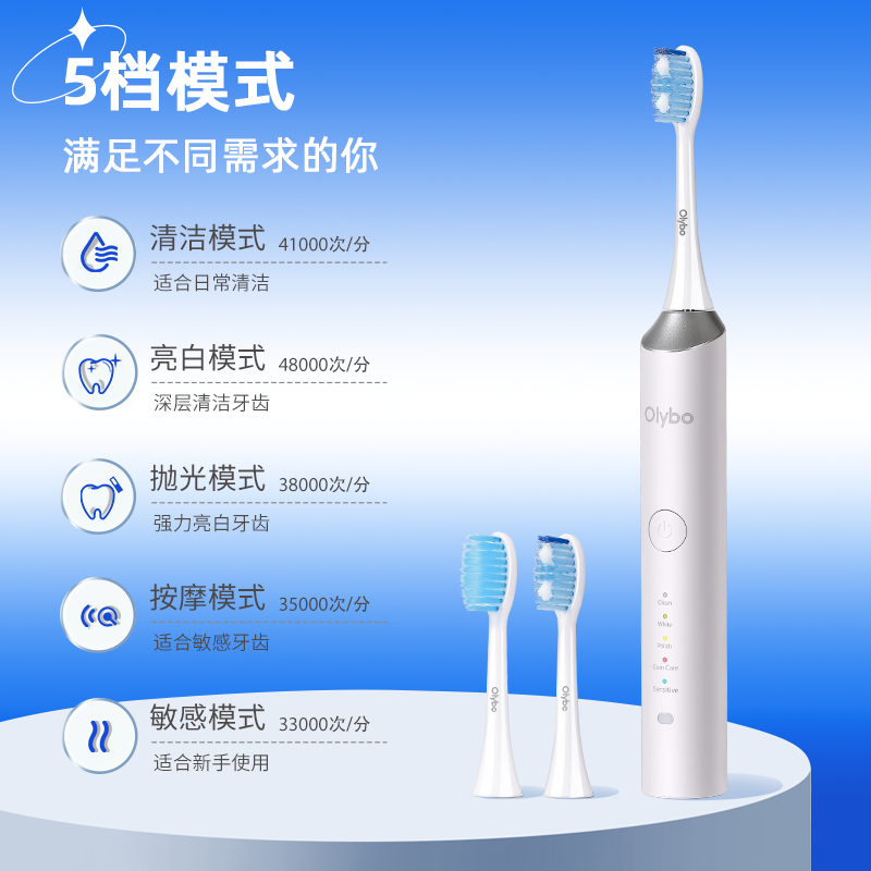 Olybo欧丽白H9电动牙刷男女成人款白粉色感应充电防水声波式情侣