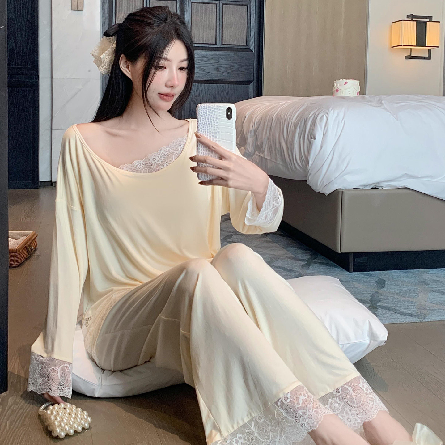 莫代尔纯棉睡衣女春秋夏季长袖2026新款性感露肩蕾丝带胸垫家居服