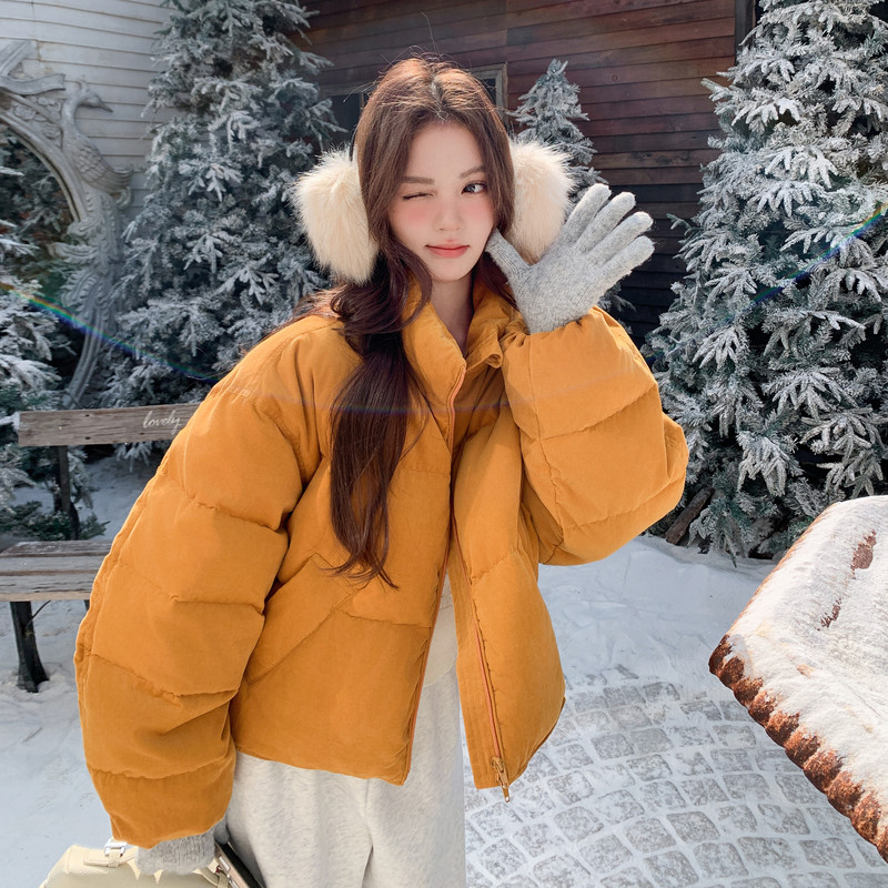 新款现货90绒韩系南瓜色立领灯芯绒羽绒服B208-9098-P285K428，女装羽绒服，浙宝208