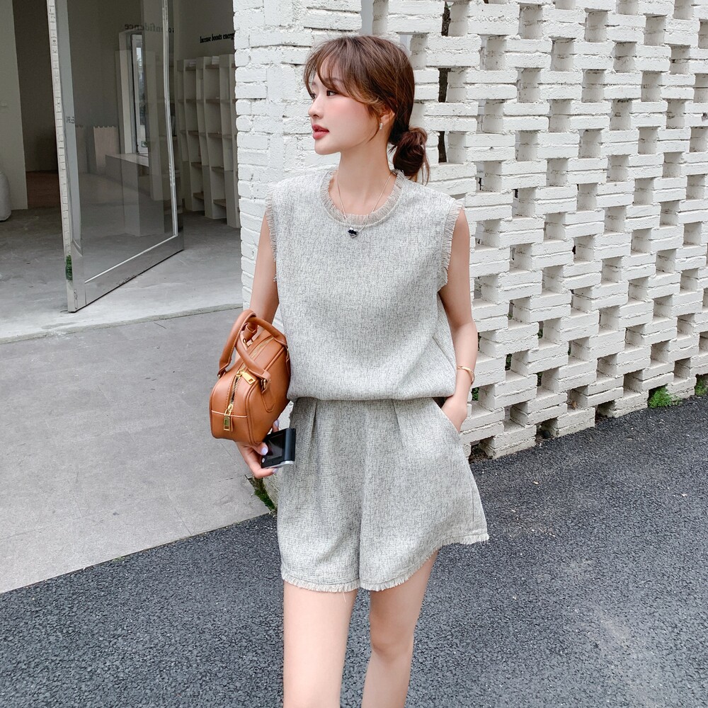 【现货】灰色流苏毛边上衣＋短裤B208-9026-P135K198,女装运动套装,浙宝208