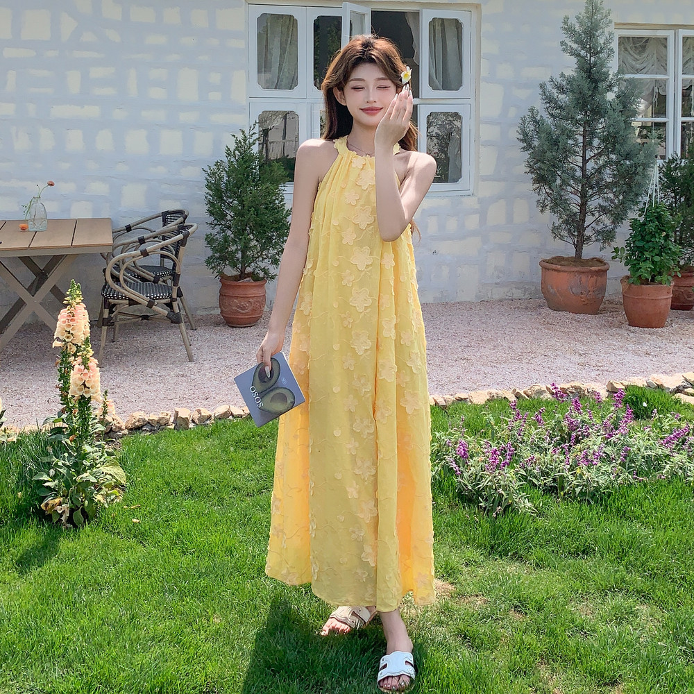 【现货】黄色度假风立体花朵挂脖连衣裙B208-9033-P135K188,女装连衣裙,浙宝208