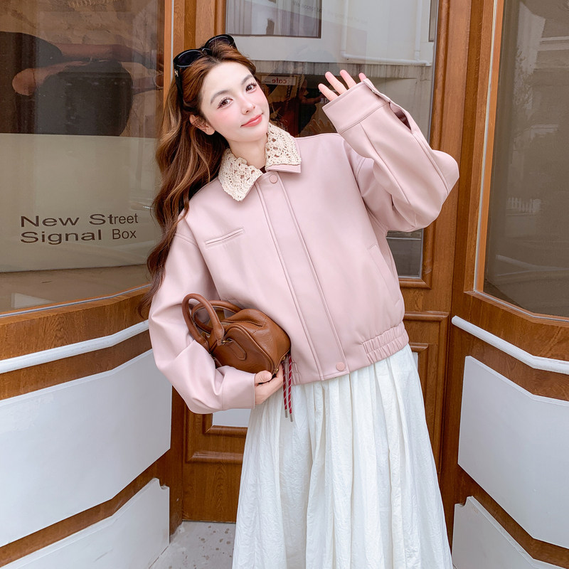 【新款】可拆卸钩花领粉色皮衣外套B208-268001-P160K279,女装短外套,浙宝208