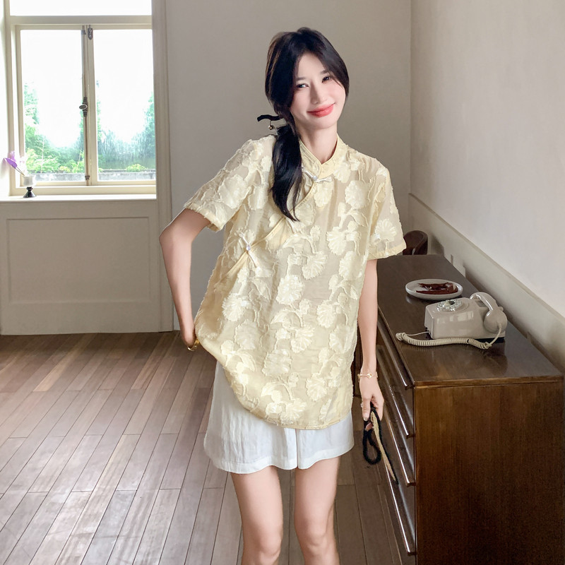 【现货】套装黄色新中式斜襟上衣＋短裤B208-9068-P155K228，女装运动套装，浙宝208