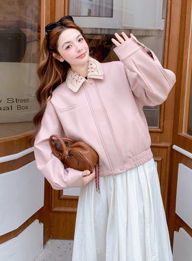 【新款首发】可拆卸钩花领粉色皮衣外套B208-268001-P160K279