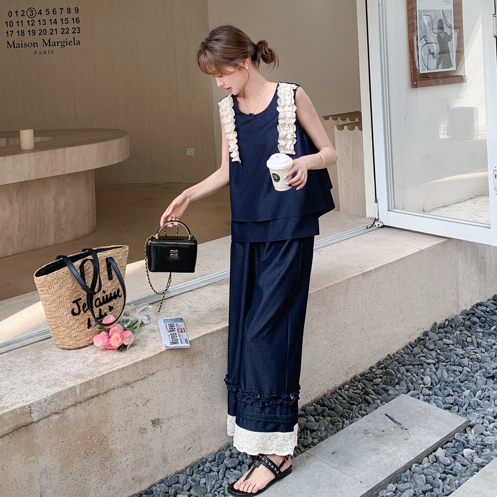 【现货】数据好！套装蕾丝拼接上衣＋阔腿裤B208-9025-P155K218，女装运动套装，浙宝208