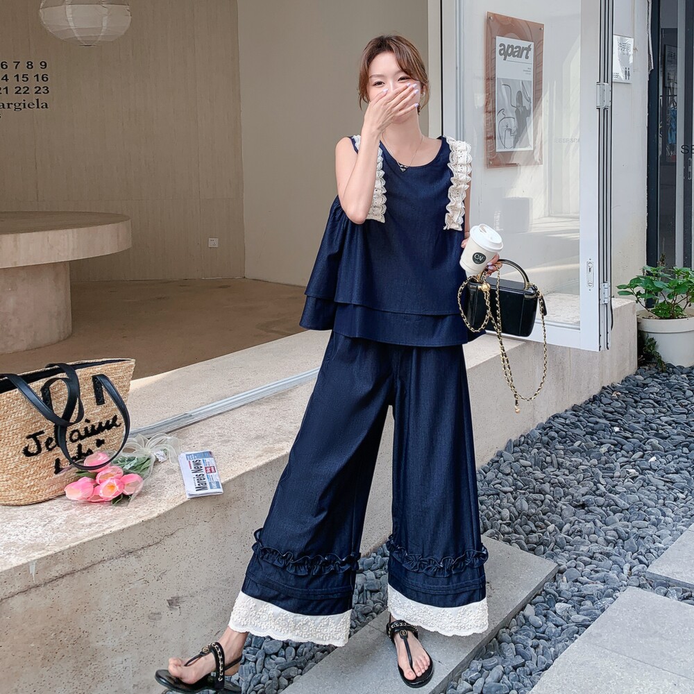 【现货】数据好！套装蕾丝拼接上衣＋阔腿裤B208-9025-P155K218,女装运动套装,浙宝208