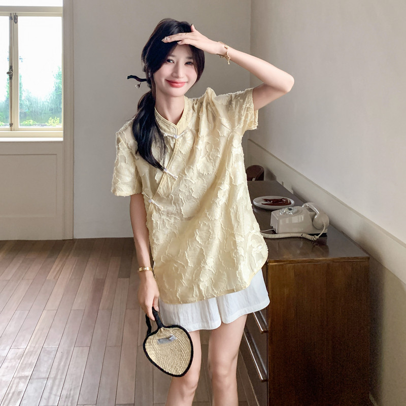【现货】套装黄色新中式斜襟上衣＋短裤B208-9068-P155K228,女装运动套装,浙宝208