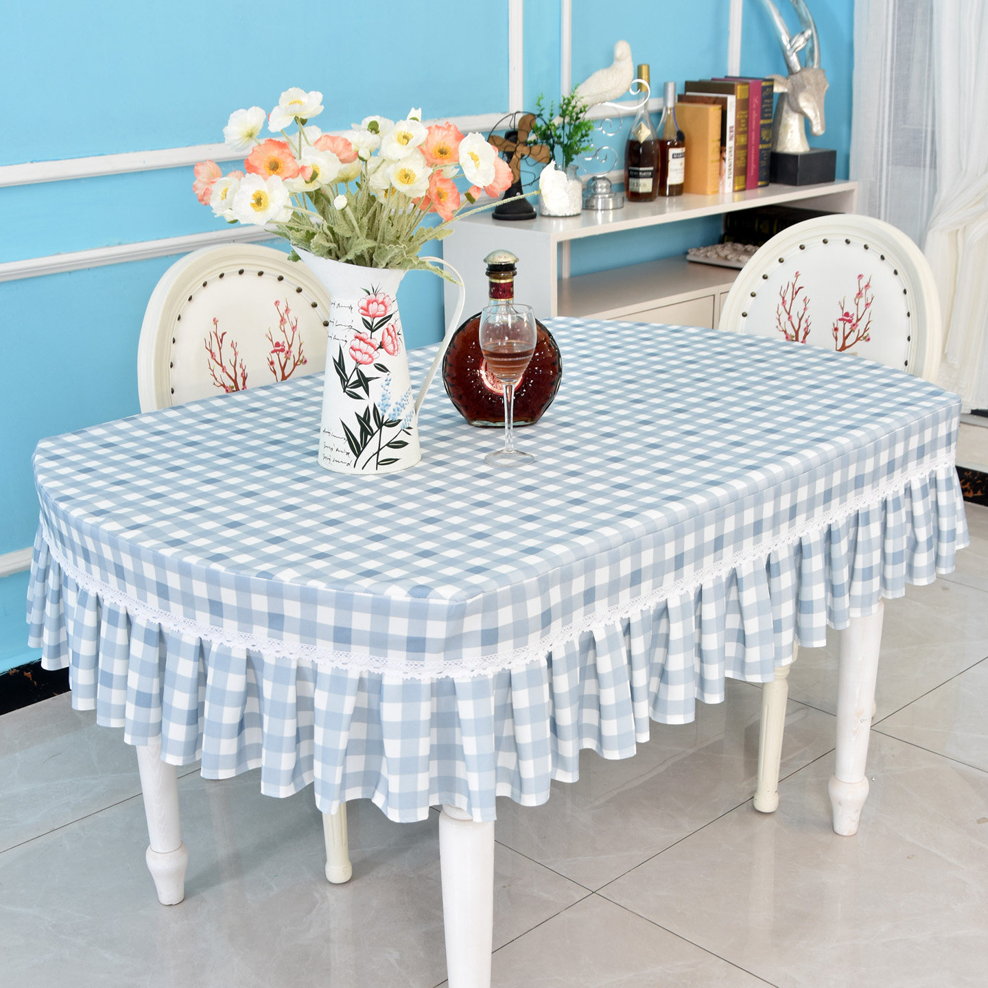 简约蓝色小格子餐桌套罩长方形麻将电视柜盖布正方形老式方桌台布