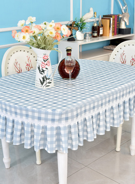 简约蓝色小格子餐桌套罩长方形麻将电视柜盖布正方形老式方桌台布