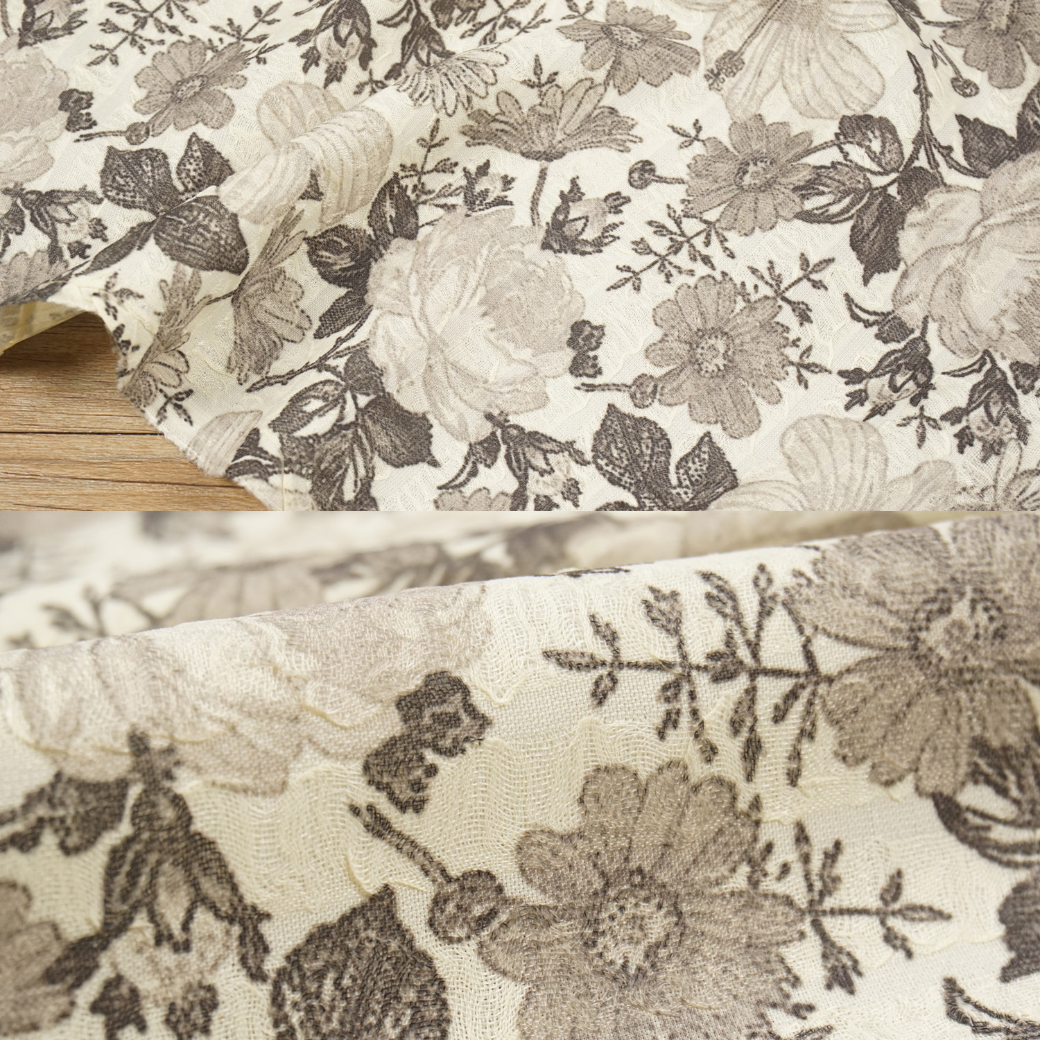 米色底假双层棕色花暗条纹布料