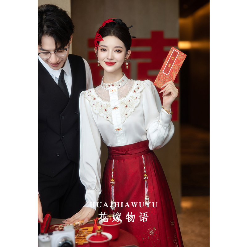 酒红色敬酒服马面裙套装2025新款中式改良新娘订婚礼服结婚连衣裙