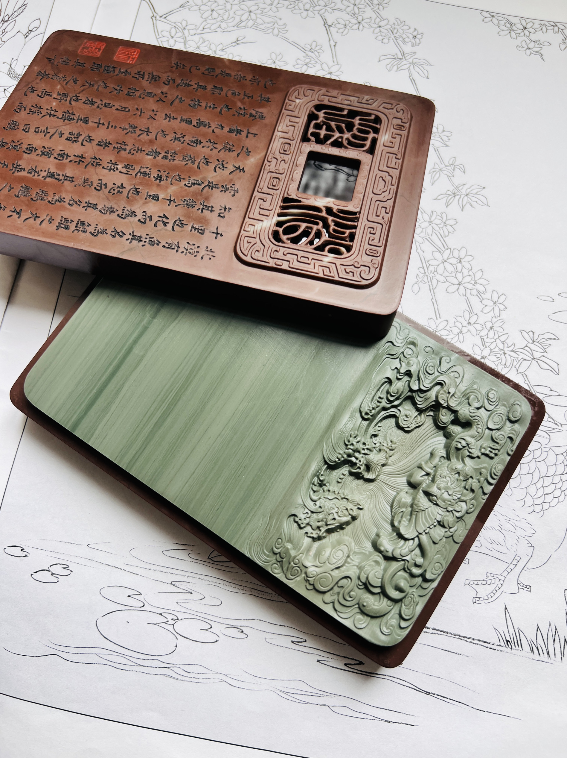 松花石砚台天然老坑原石雕刻宫廷砚实用下发墨17厘米鲲鹏砚逍遥游