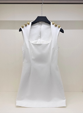 wop  夏季方领修身B家白色金扣连衣裙 版型无敌腰掐得巨好