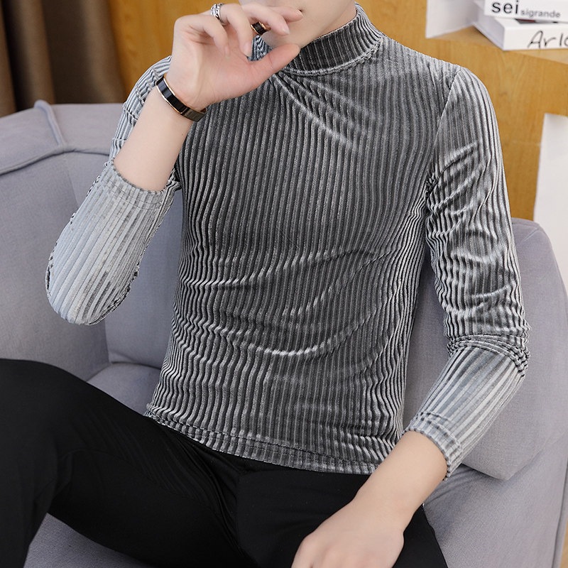 男士个性金丝绒T恤男2019春季条纹长袖打底衫潮流衣服半高领秋衣在类目 男装, T恤中 - 来自Buy2taobao.com提供专业的淘宝代购服务