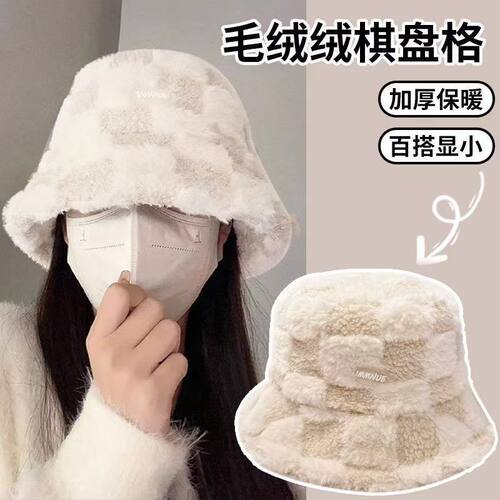 渔夫帽女秋冬天棕色棋盘格子