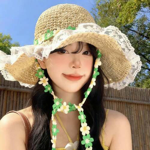 法式新款小花朵蕾丝系带草帽女