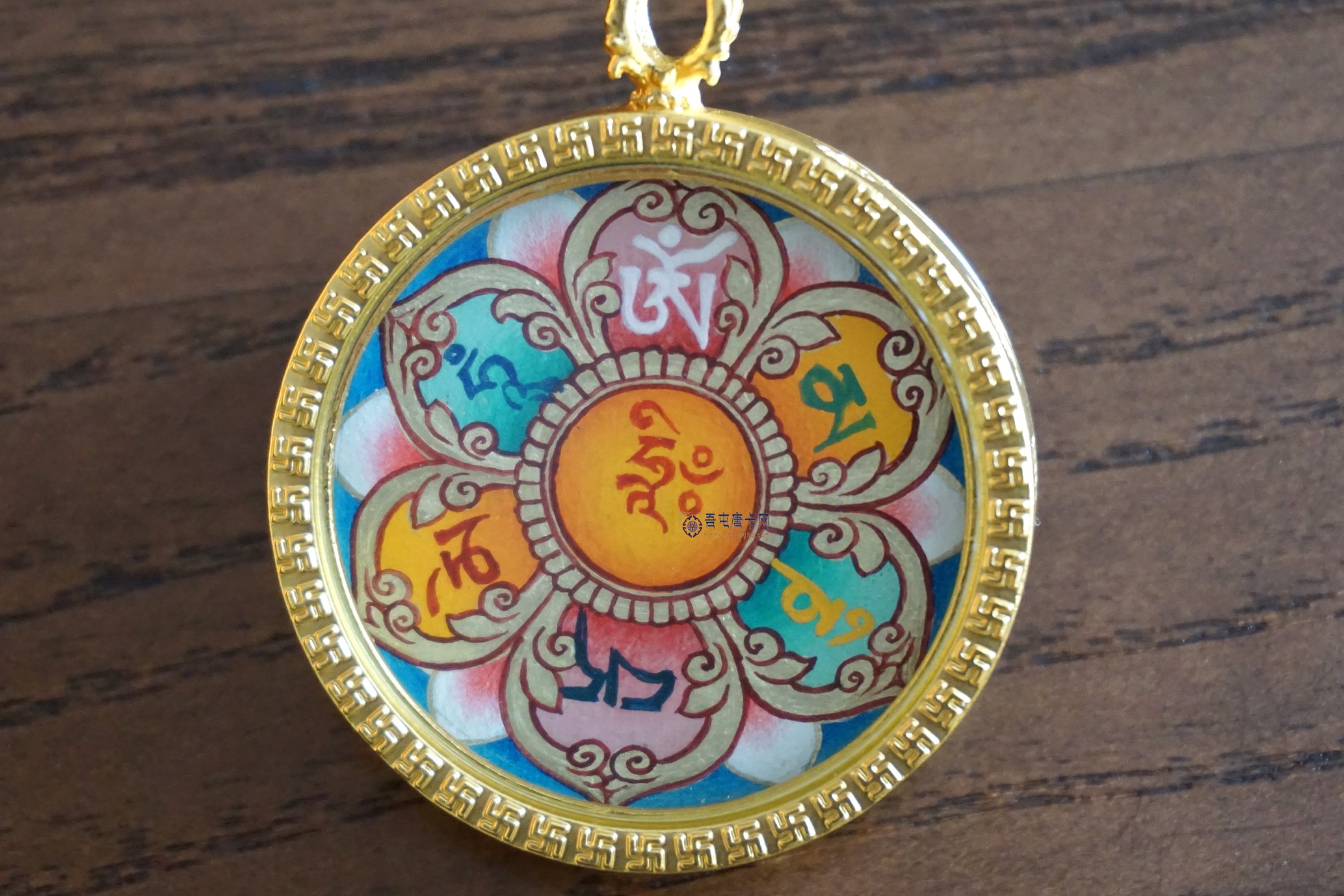 热贡双面手绘矿石唐卡   观音心咒   浅蓝底六字真言