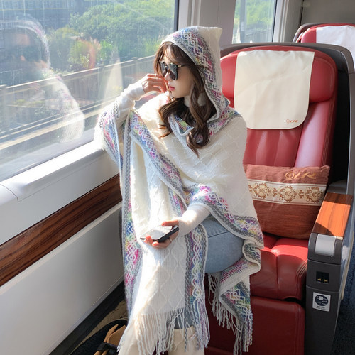 【3件85折】 毛线针织斗篷帽子开叉巾披肩女秋冬拍照旅游大披毯