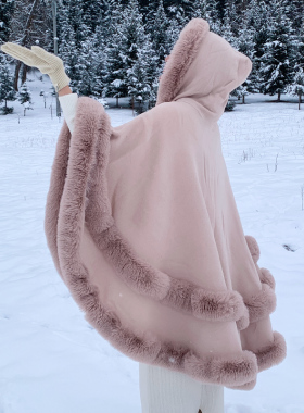 【3件85折】帽子双层毛领加厚户外骑行拍照披毯披肩女秋冬季披风