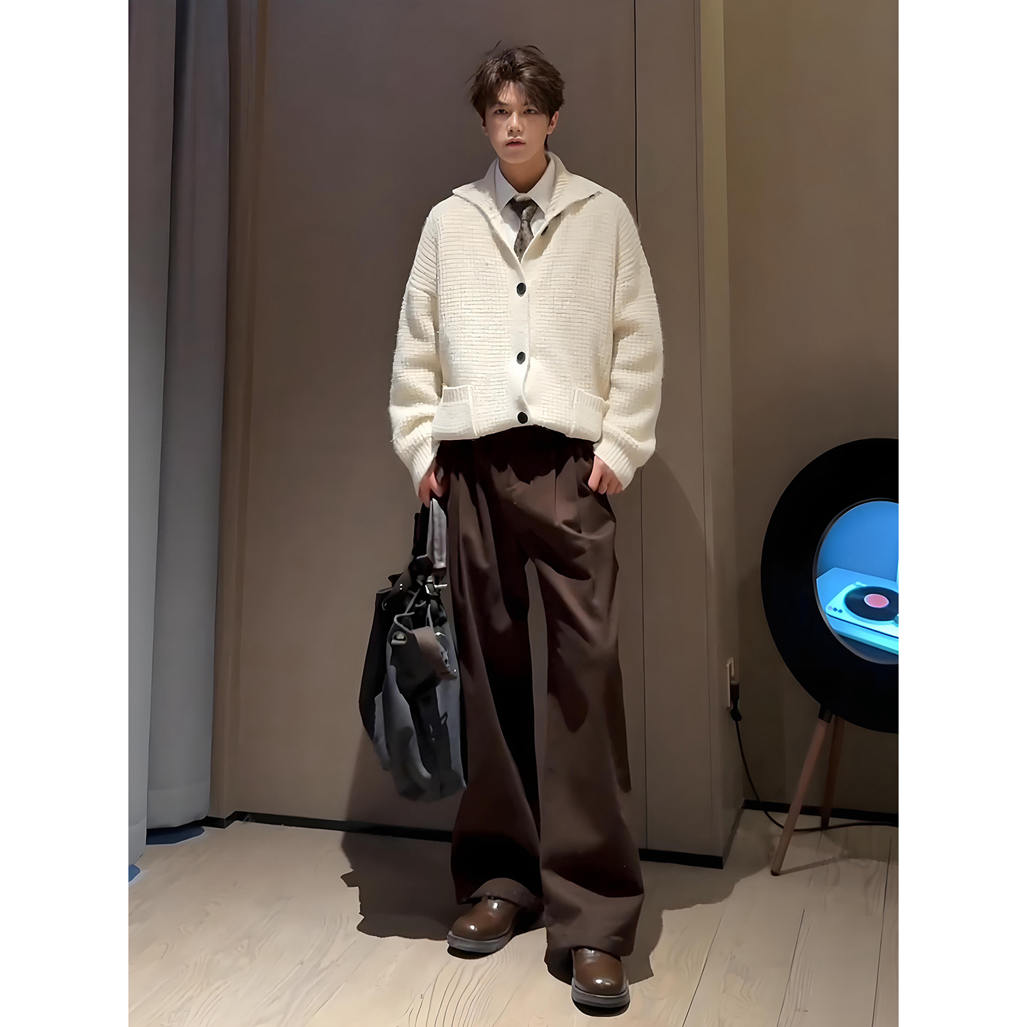 白色美式可翻高领开衫毛衣男款秋冬慵懒松弛感针织衫cleanfit外套