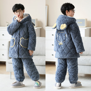 噜噜牛冬季男童儿童睡衣法兰绒中长款三层夹棉加厚男中大童家居服