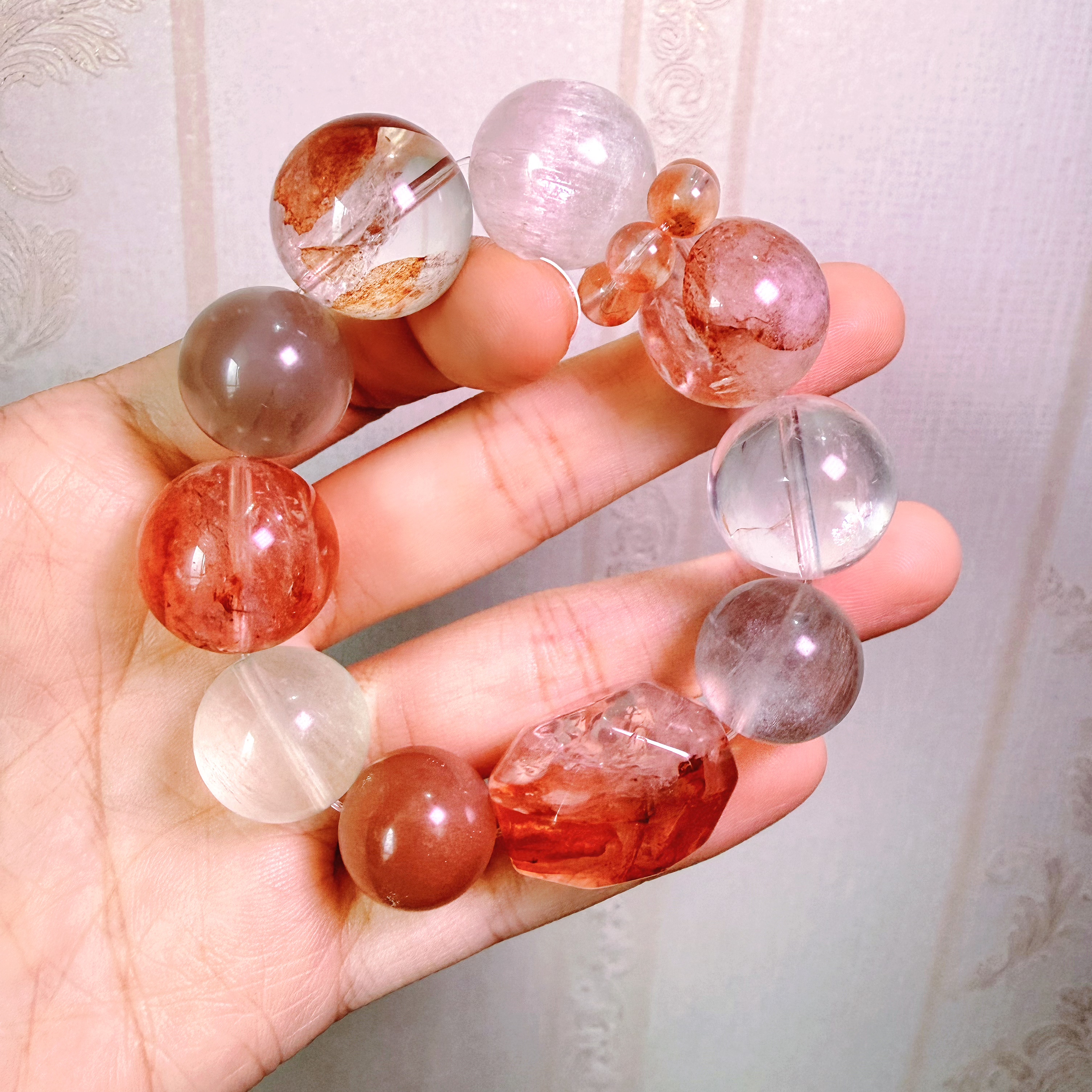 原创设计天然水晶锦鲤双色红胶花多宝手链男女手串饰品大珠径18mm
