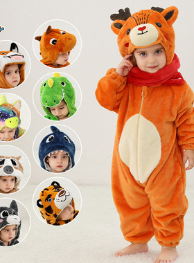 MICHLEY新款秋冬季法兰绒爬服宝宝睡衣跨境儿童A类动物宝宝连体衣