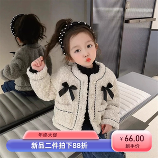女童外套秋冬款圆领洋气羊羔柔软时髦炸街女宝小香风无领衣服蝴蝶