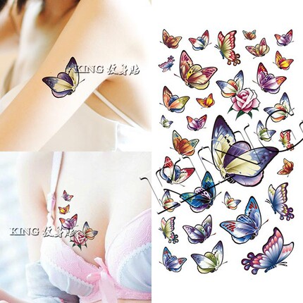 KING纹身贴 防水 女持久 七彩水彩蝴蝶 卡通 韩国 遮瑕 性感贴纸