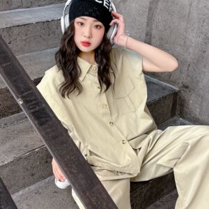 中大童女童套装2024夏季设计感坎袖上衣气质山本裤两件套Q24020