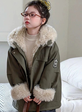 中大童女童2025冬洋气韩版宽松连帽休闲工装风派克服加厚外套8388