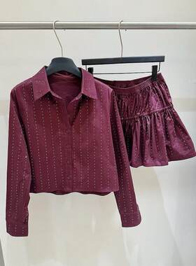 法式小众酒红色钻饰翻领衬衫荷叶边短裙女装套装