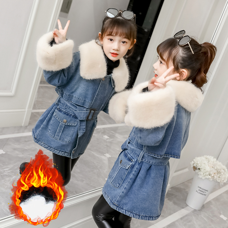 女童秋冬牛仔外套中大童韩版加绒收腰派克服深秋中长款大毛领风衣