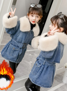 女童秋冬牛仔外套中大童韩版加绒收腰派克服深秋中长款大毛领风衣
