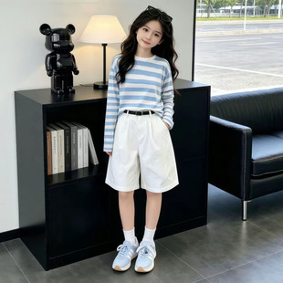蓝白条纹长袖白色五分西装短裤两件套春秋女童简约清爽休闲套装