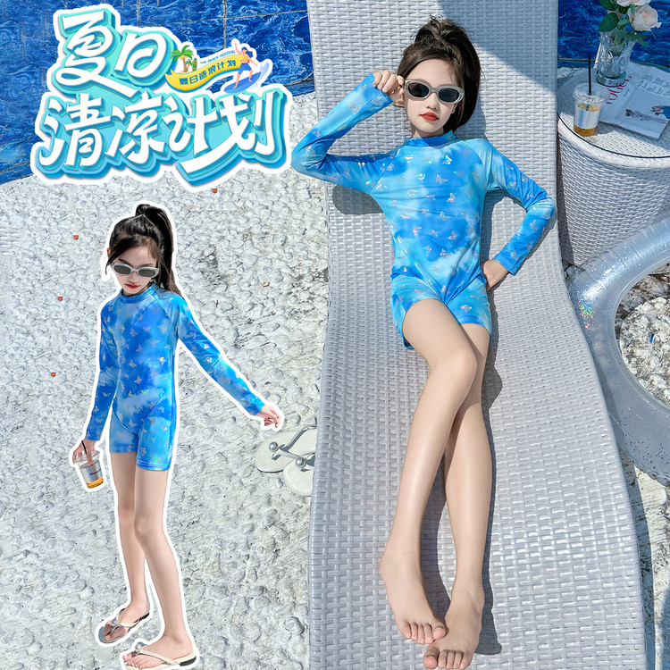 女童泳衣长袖2025新款中大童连体超好看儿童女孩夏季洋气游泳衣