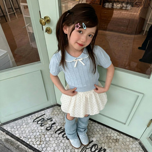 中大童温柔少女套装撞色娃娃领短款针织上衣松紧腰波点蓬蓬半身裙