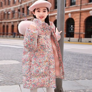 中长款儿童羽绒棉服女童冬季加厚中大童洋气碎花保暖外套女孩棉袄
