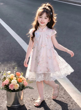 女童宽松 A字短款旗袍裙立领双层小飞袖满身摆白色蕾丝拼接裙子潮