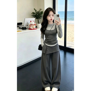 女童街拍穿搭套装假两件打底针织吊带裙片阔腿裤中大童韩系三件套
