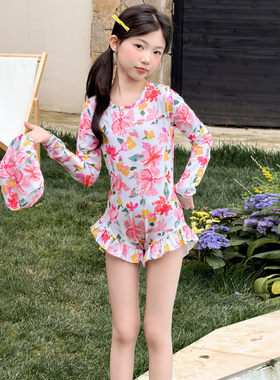 女童花卉印花甜美连体泳衣长袖防晒速干小学生温泉度假送泳帽套装