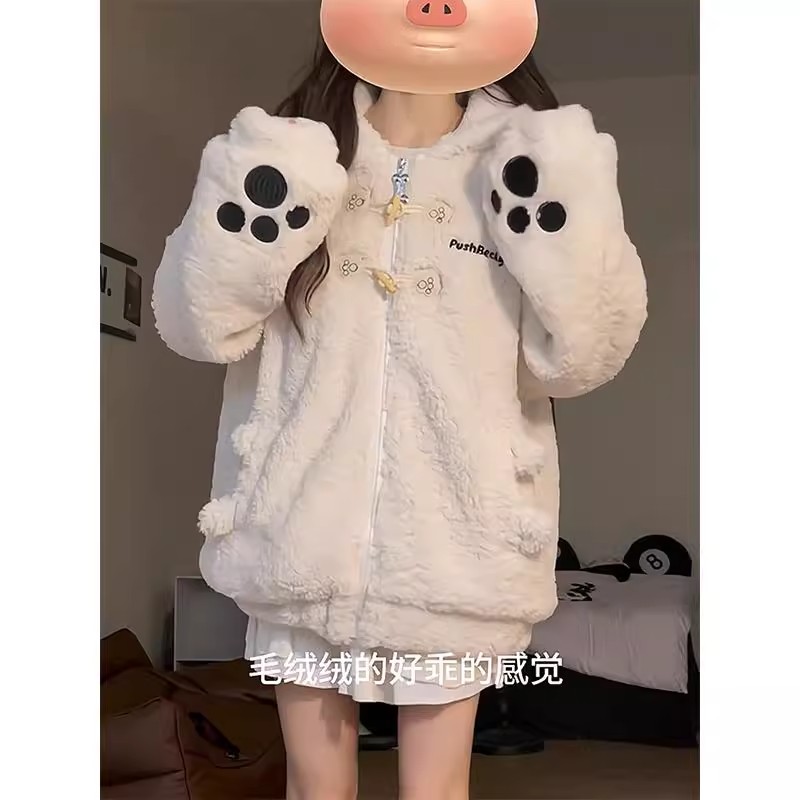 女童毛毛衣棉服连帽秋冬款2025新款儿童今年流行爆款加绒外套冬季