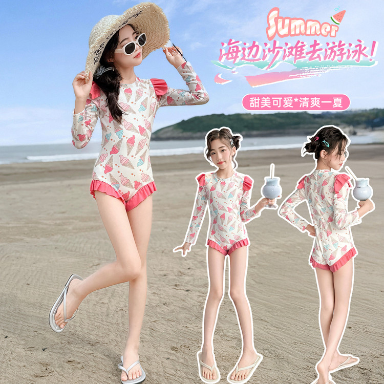 泳衣女童夏季2025新款儿童洋气带胸垫游泳衣大童女孩连体长袖泳装