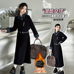 女童牛仔套装2025新款初中生女孩加绒加厚上衣女大童冬装洋气衣服